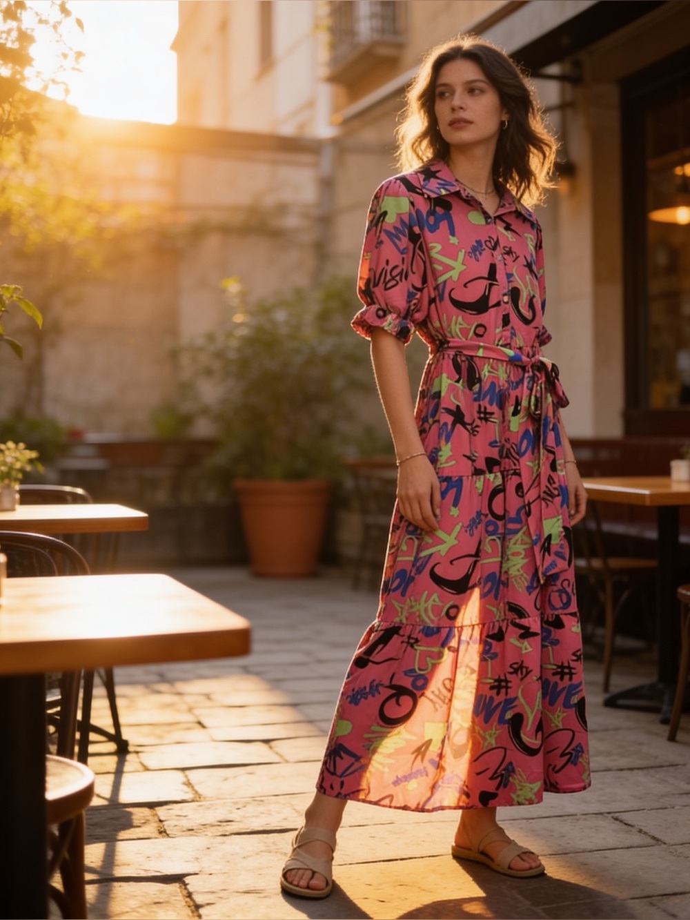 The Curve | Women’s Vibrant Pink Graphic Print Maxi Shirt Dress | 1X